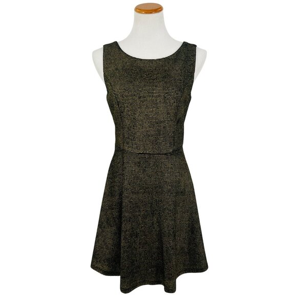 Vtg Anthropologie Black Gold Tweed Fit & Flare Dress | A-Line Skater Corpcore Lg - Picture 2 of 16